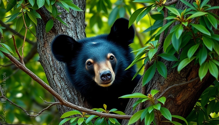 Curious Florida black bear in lush greenery, photorealistic image.