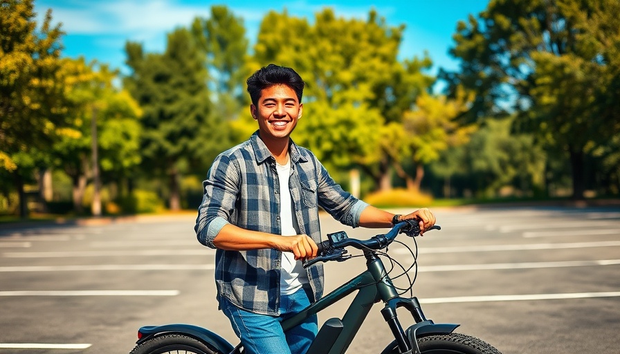 Man standing with e-bike outdoors under bright sky.