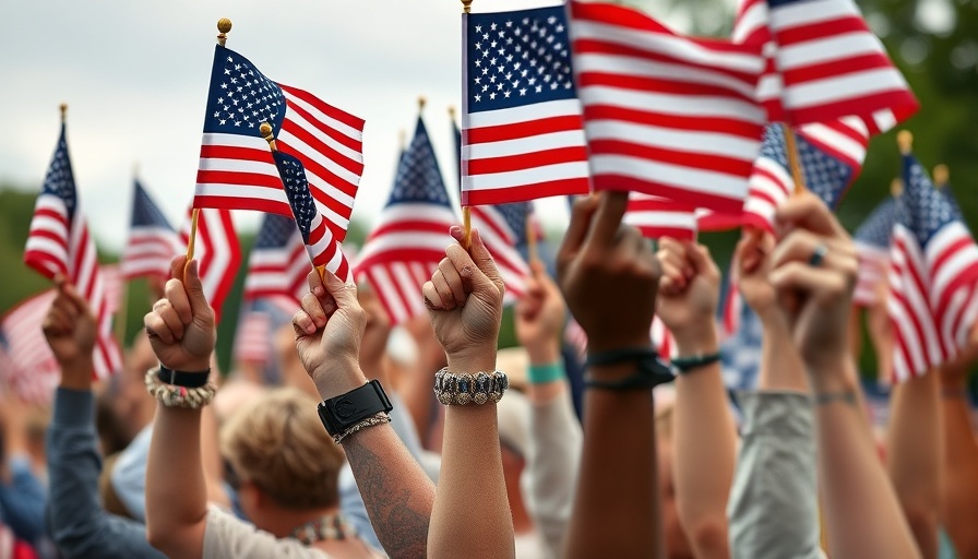 Patriotic hands waving flags at a Memorial Day Observance Ceremony.