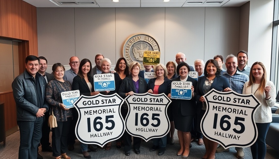 Group holding Gold Star Families Memorial Highway signs in official room.