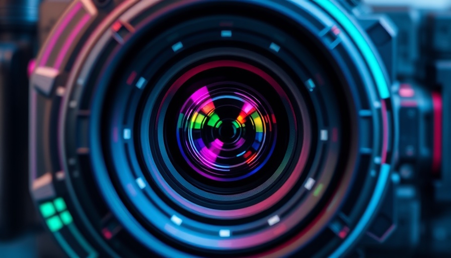 Abstract image of a vibrant camera lens with geometric shapes.