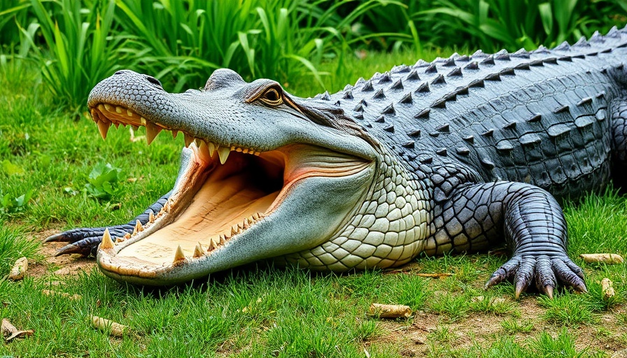 Large alligator in grassy area, mouth open, natural setting.