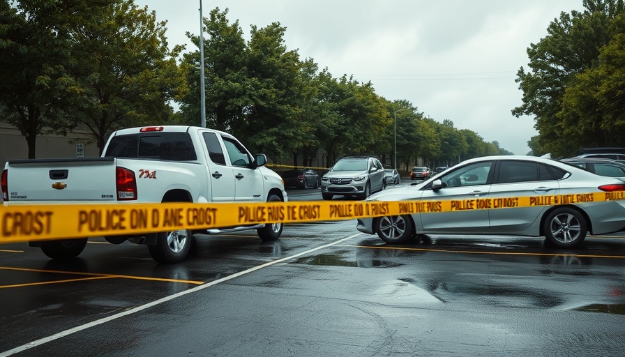 Road rage incident scene with police tape and vehicles.