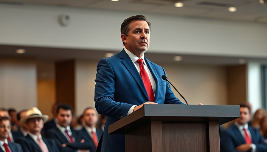 Man speaking at a podium in a professional setting with audience engagement.