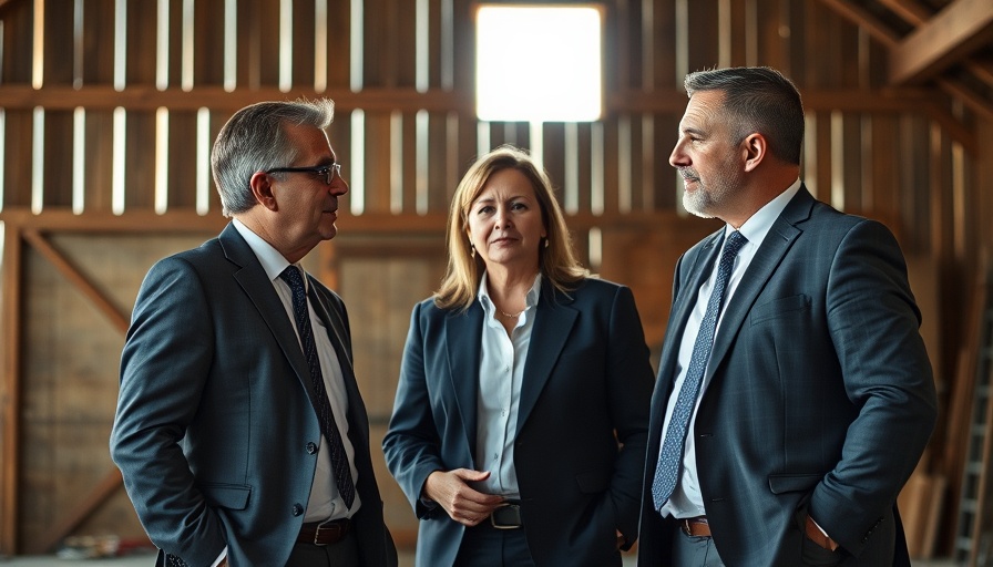 Business discussion in industrial setting, three individuals in focus.