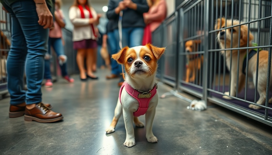 Dogs and people interact at an adoption event, bright and hopeful.