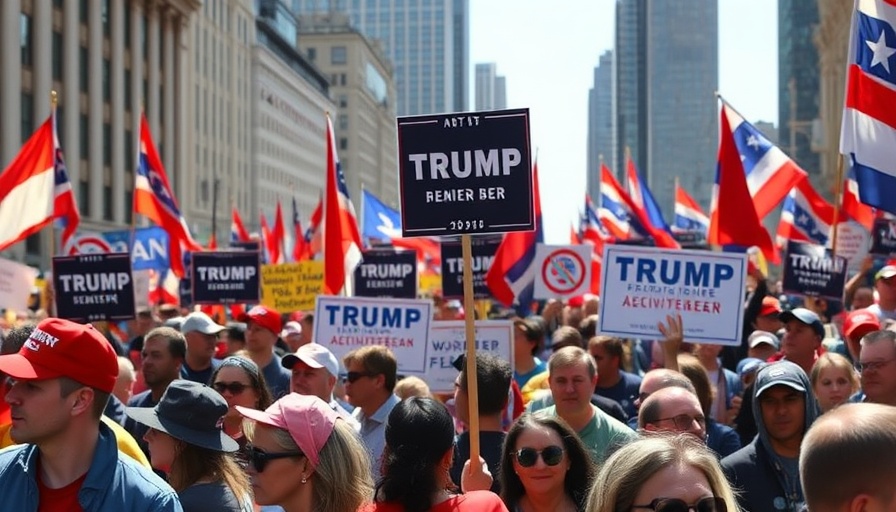 Anti-Trump demonstration with diverse crowd and flags.