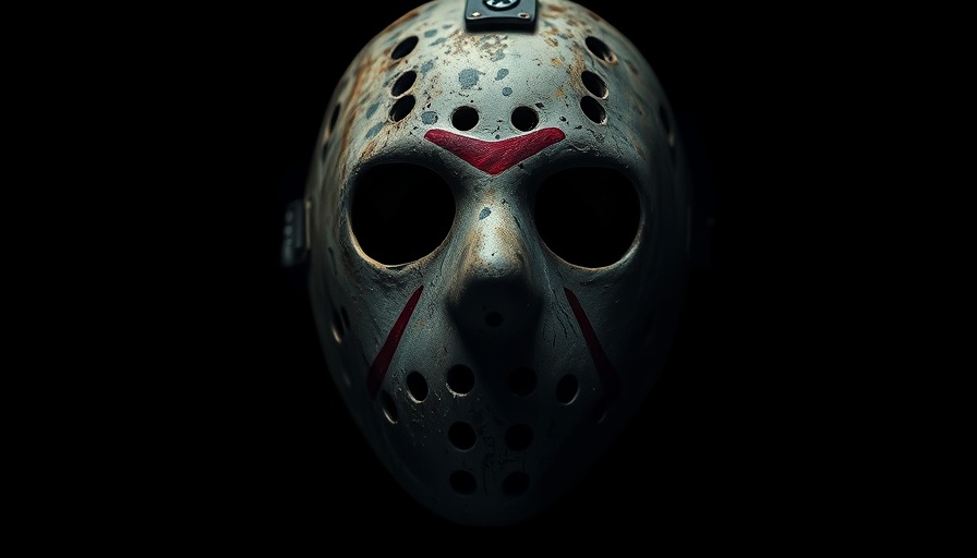Jason Universe haunted house mask poster with dark background.