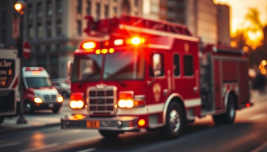 Blurred fire truck at sunset responding to emergency in Bradenton.