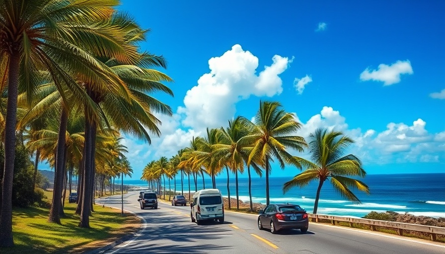 Sunny coastal road on Dunedin Causeway with palm trees and cars.