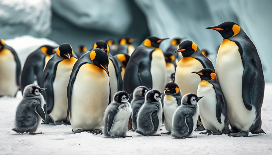 Group of emperor penguins with chicks in a snowy habitat.