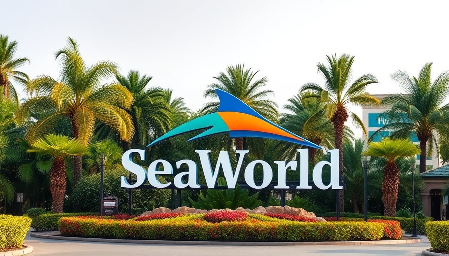 SeaWorld entrance sign with greenery on a cloudy day.