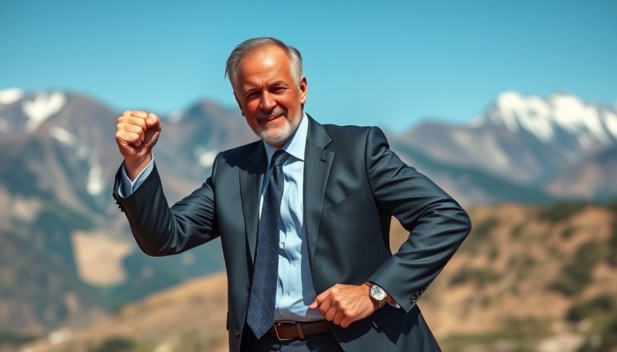 Confident man gesturing outdoors, mountains in background.