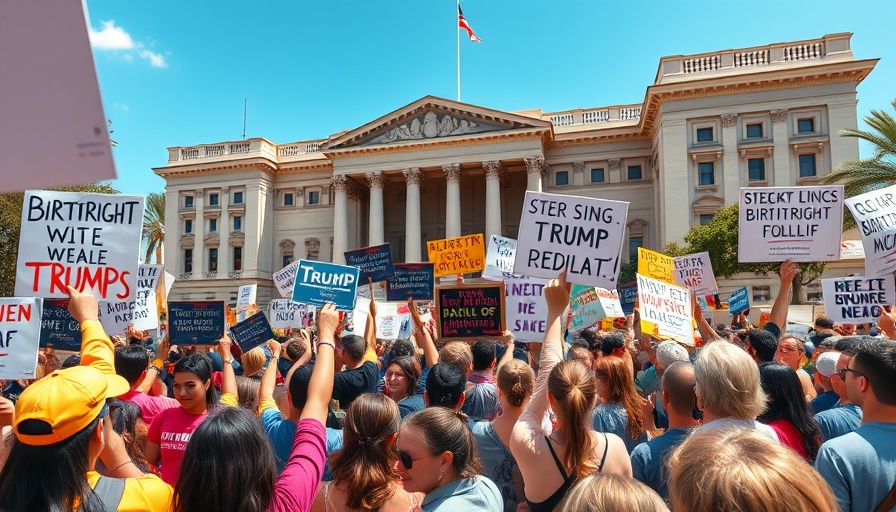 Birthright citizenship protest at historic building with diverse crowd.