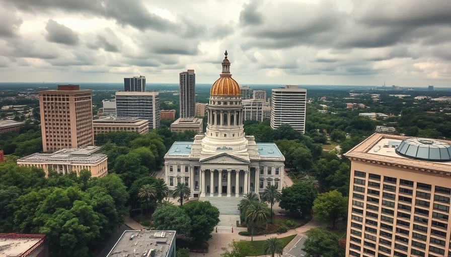Aerial view of Florida Capitol building under cloudy sky; new laws in Florida July 1.