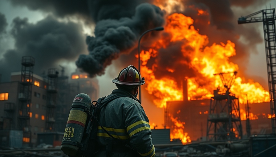 Intense industrial fire in Tampa with forklift, firefighter on-site.