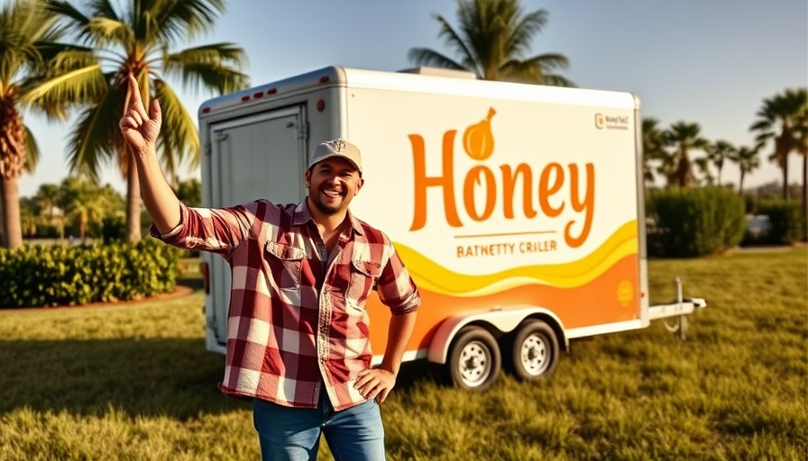 Cheerful duo in front of branded honey trailer highlighting honeybee decline in Bay area.