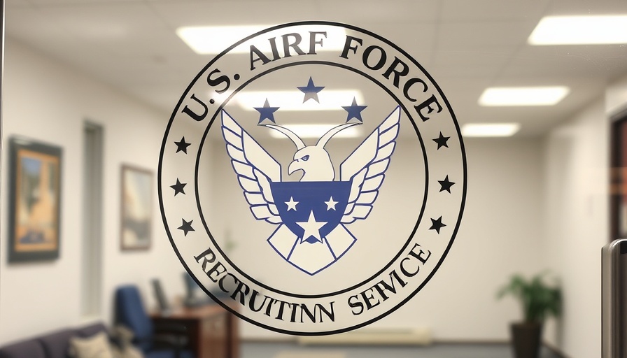 U.S. Air Force Recruitment Service emblem on glass door.