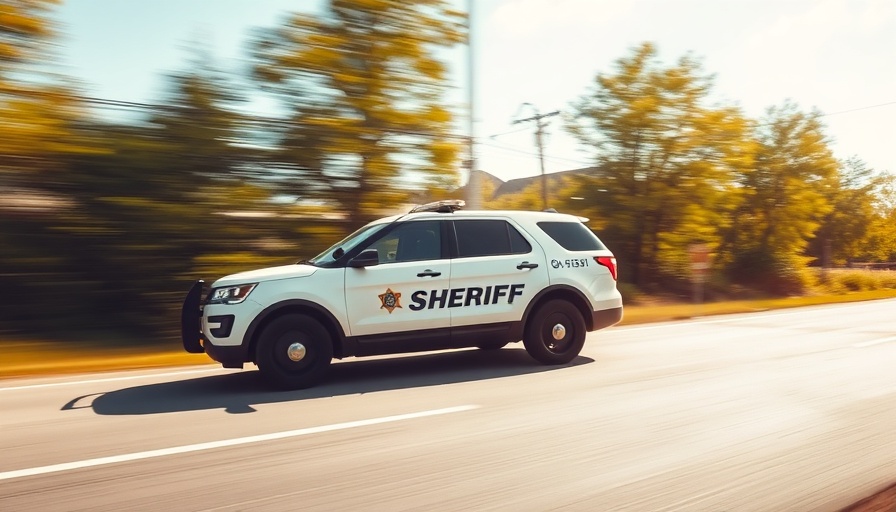 Sheriff's vehicle driving on road related to church vandalism arrest.