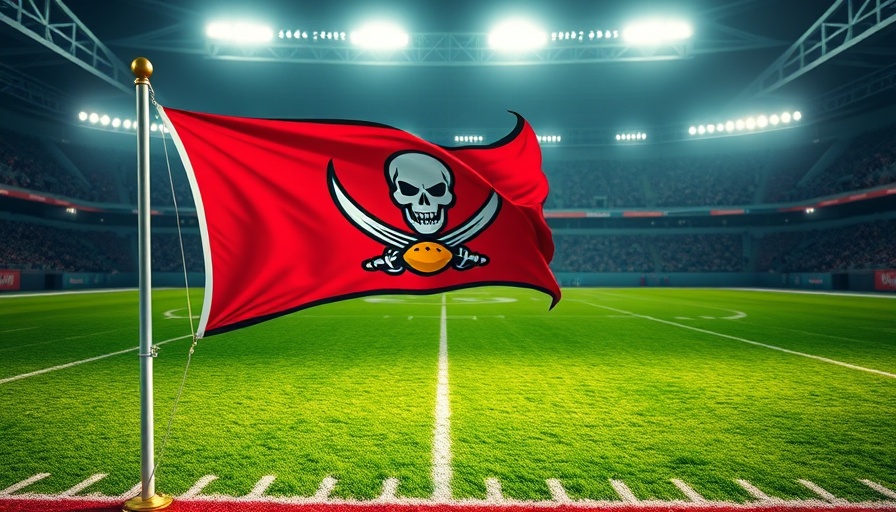 Buccaneers flag on football field under bright stadium lights.