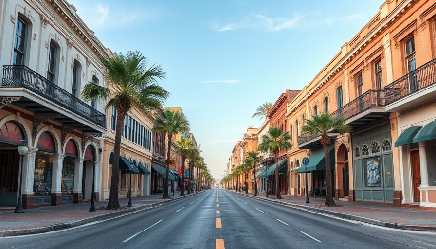 Quiet street view of Ybor City with historic buildings and palm trees.