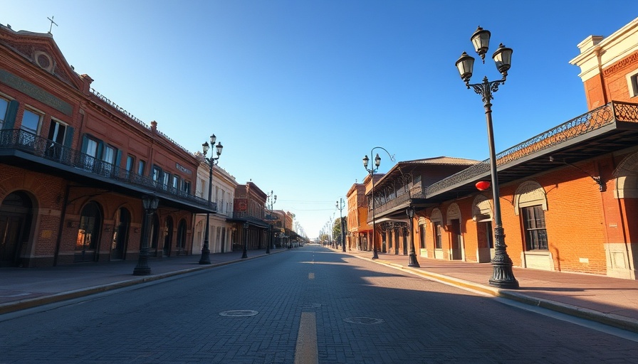 Sunlit street in Ybor City with historic architecture and vintage lampposts