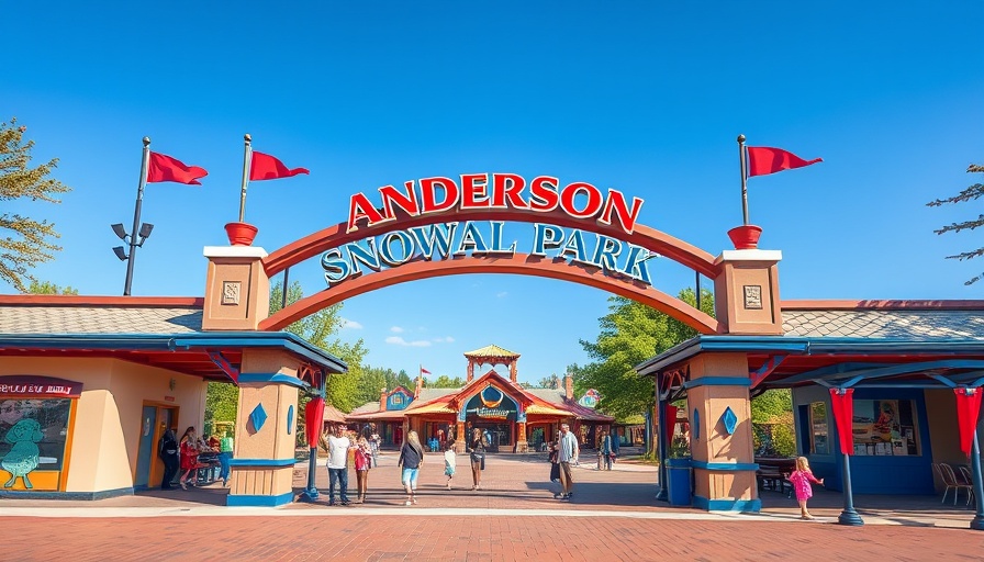 Entrance to Anderson Snow Splash Park with visitors and vibrant decor.