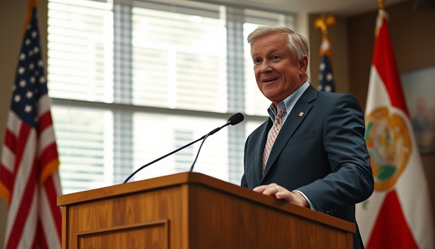 Politician speaking about Florida religious liberty ranking at podium.
