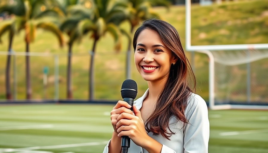 Female sports reporter on field discussing Sarasota Paradise playoffs.