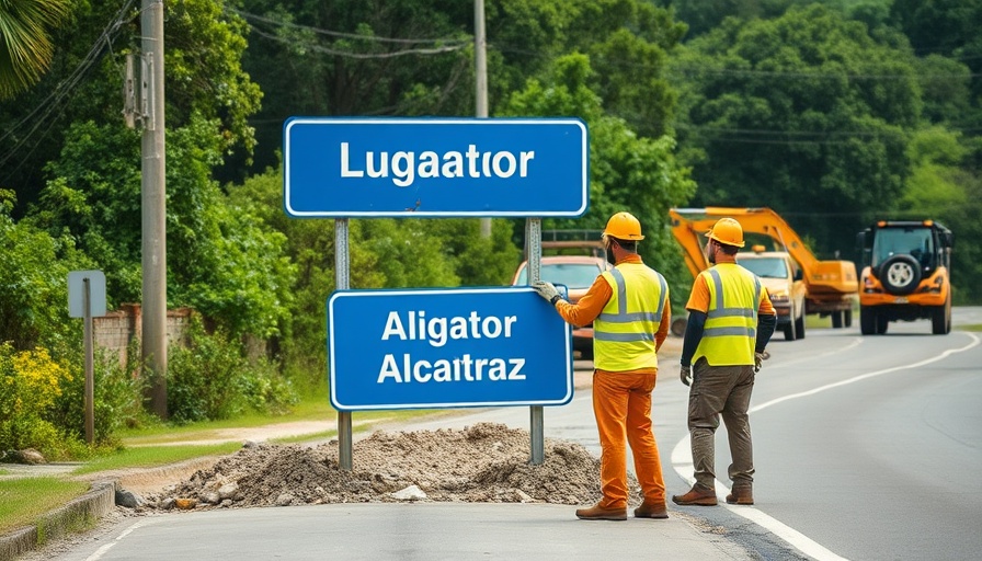 Workers install Alligator Alcatraz sign near migrant detention facility.