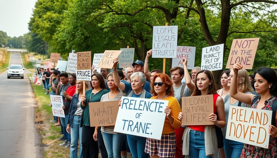 Crowd at immigration detention center protests holding signs and flags.