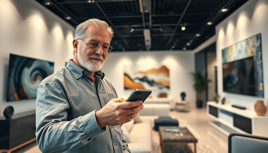 Modern tech showroom with man showing smartphone in sleek environment.