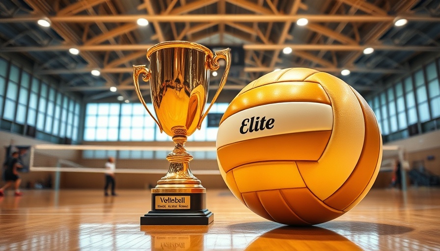 Elite volleyball national title trophy on court with players practicing.