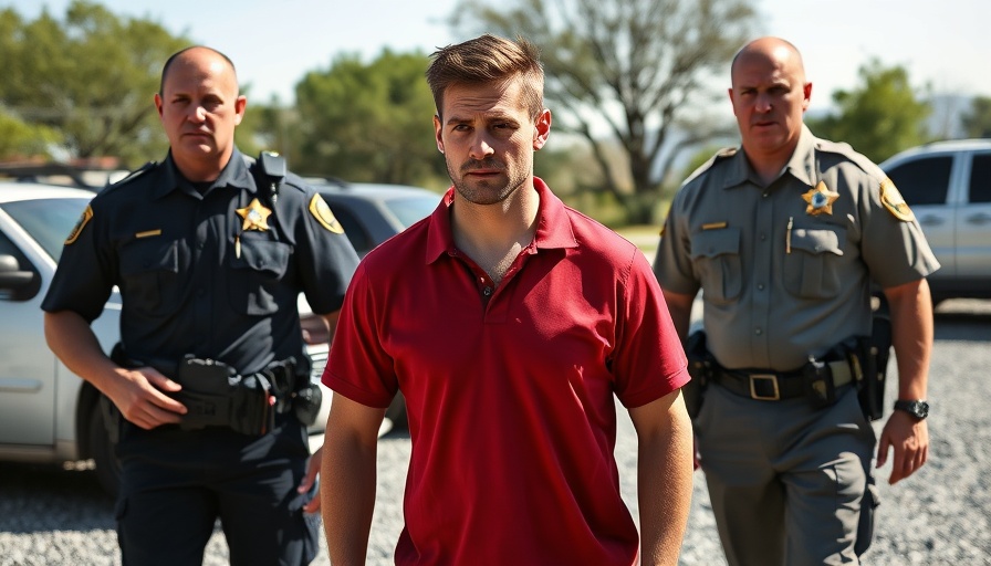 Arrest scene with sheriff officers and man in red shirt.