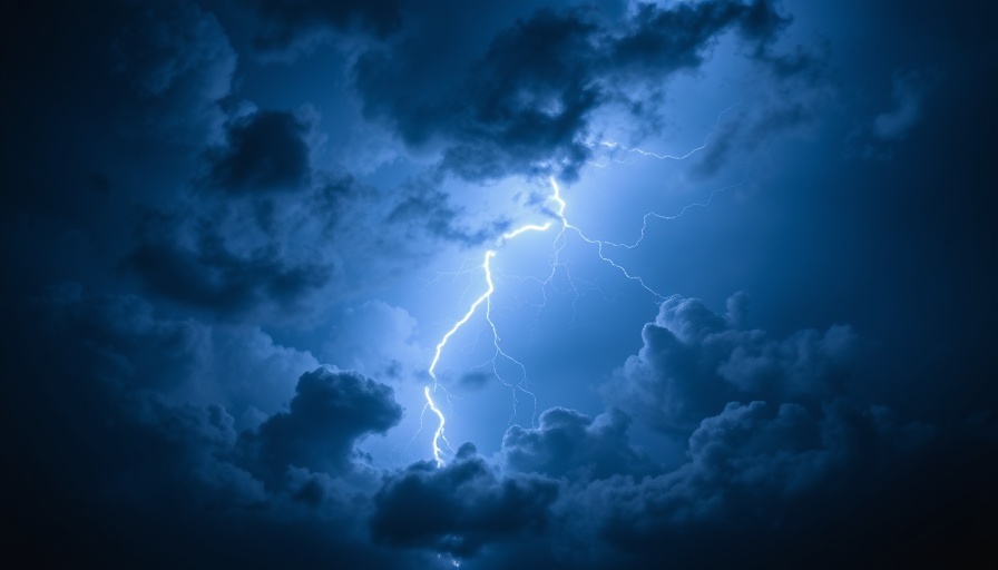 Vivid lightning bolt striking through dark clouds, highlighting lightning safety awareness.