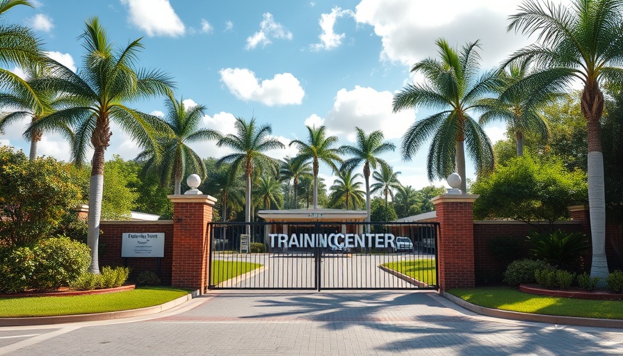 Sunny entrance of Camp Blanding with palm trees, Florida.