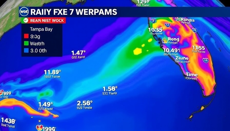 Tampa Bay weekend rain forecast with colorful rainfall map.