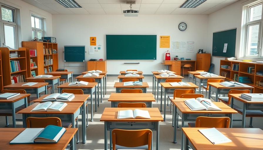 Empty classroom layout reflecting changes in Florida schools with desks and textbooks
