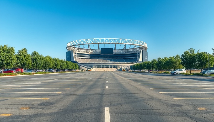 Large stadium in Tampa Bay surrounded by parking lot and trees.