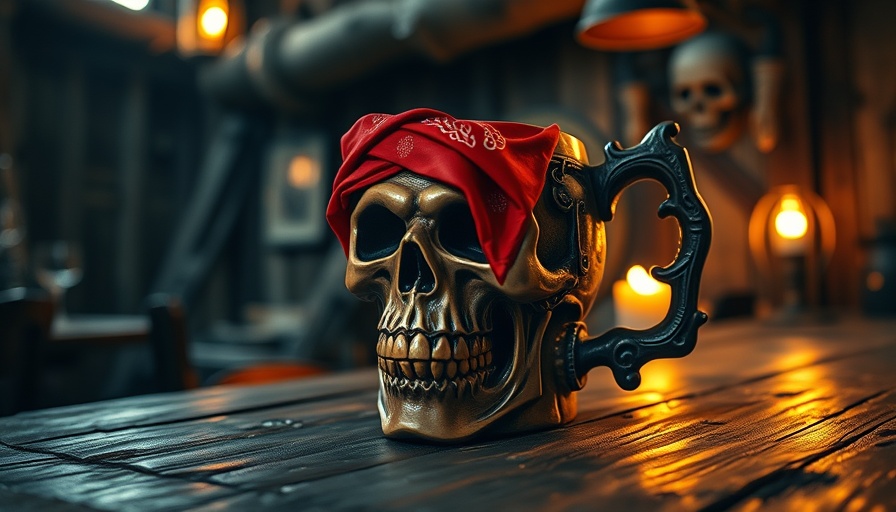 Pirates of the Caribbean tavern skull mug in rustic setting