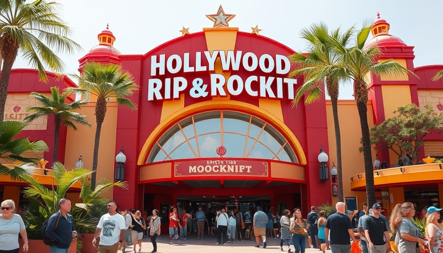 Hollywood Rip Ride Rockit entrance with visitors at theme park.