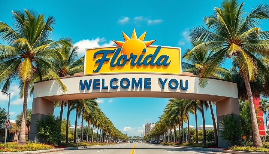 Florida welcome sign with palm trees and sunlight.