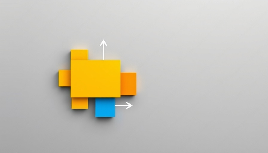 Minimalist abstract graphic with geometric shapes, blue and yellow blocks hinting search direction.