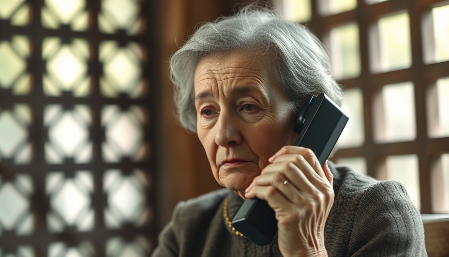 Elderly woman using wind phone for grief support.