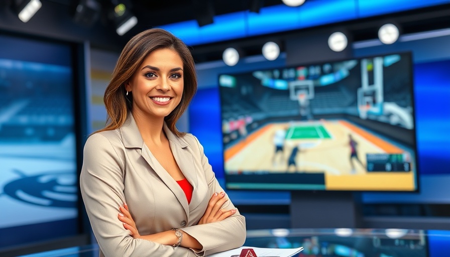 Female sportscaster discussing basketball game highlights, vibrant studio setting.