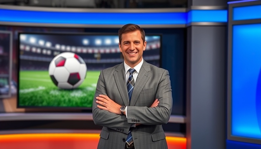 Confident news anchor presents football news in a studio, related to Southeast and Manatee High School rivalry.