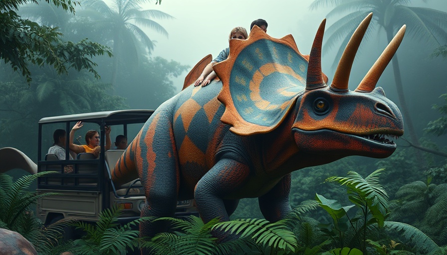 Dinosaur attraction at Disney World with safari vehicle and animatronic Triceratops.