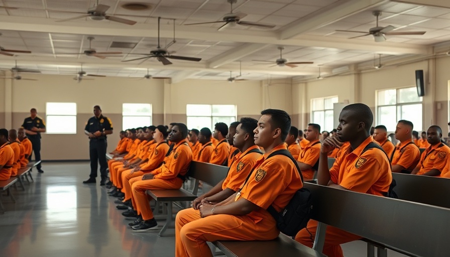 Security personnel at Florida Deportation Depot oversee individuals in orange uniforms.