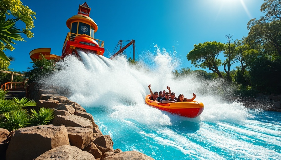 Thrilling ride at Stanley Falls Flume surrounded by lush greenery under a sunny sky.