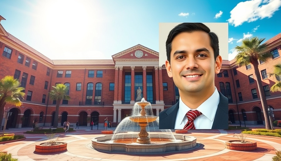 FSU campus with overlay of unknown person's portrait.